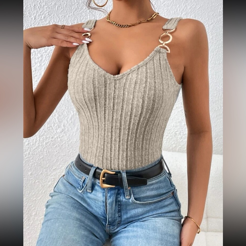 Boho chain detail straps ribbed knit tank top